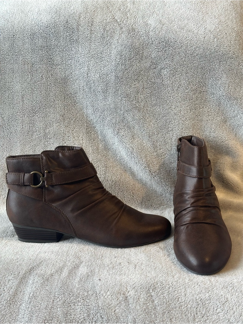 Women's Brown Low Heel Ankle Booties with Buckle Detail